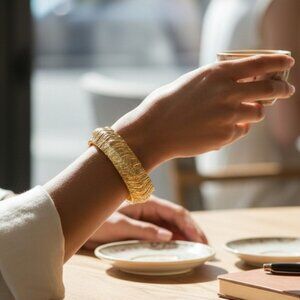 Monet Vintage Retro Modernist Snap Cuff Signed Textured Swirl Gold Tone …